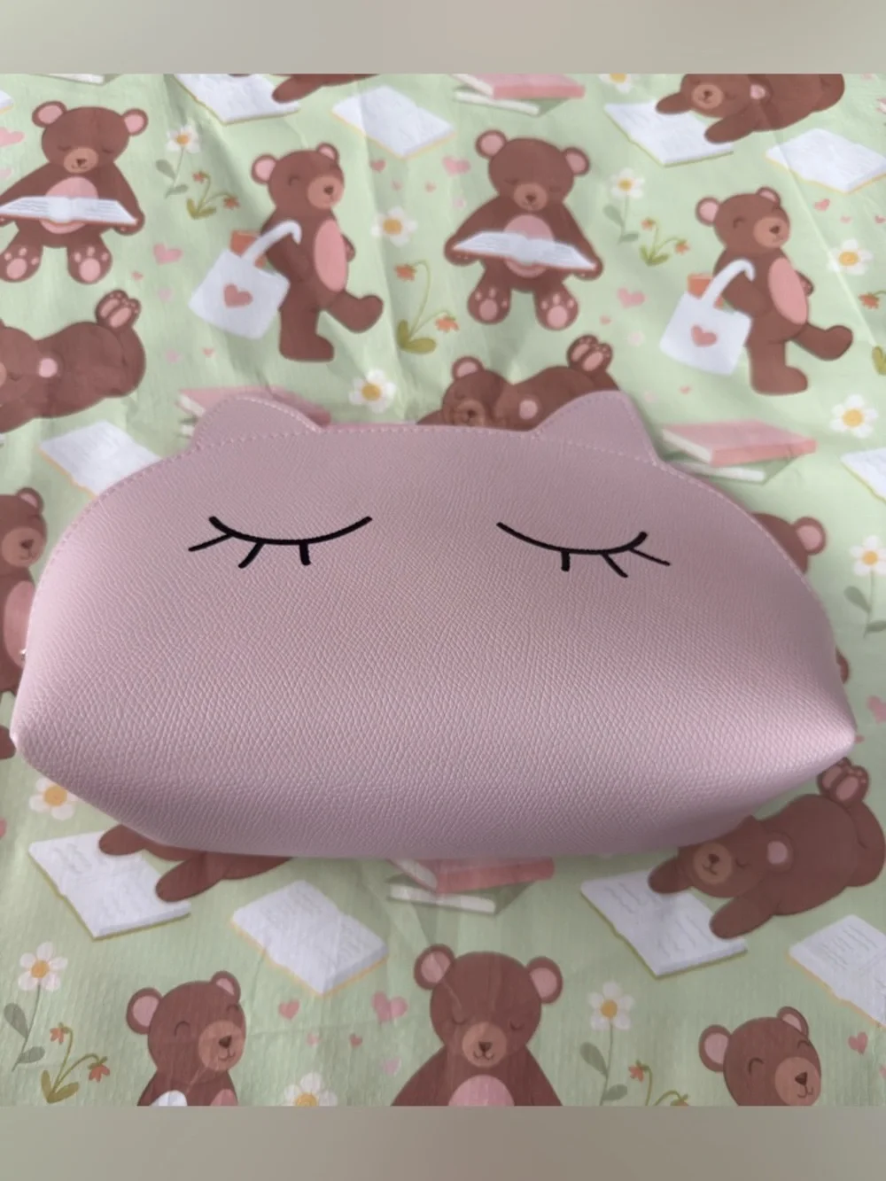Adorable Baby Pink Cosmetic Bag with Gold Zipper and Cat Ears